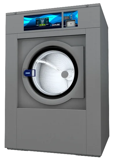 Mașină de spălat self-service Danube cu centrifugare rapidă, vedere din unghi, cu tamburul vizibil prin hublou Mașină de spălat self-service Danube cu centrifugare rapidă, vedere din unghi, cu tamburul vizibil prin hublou