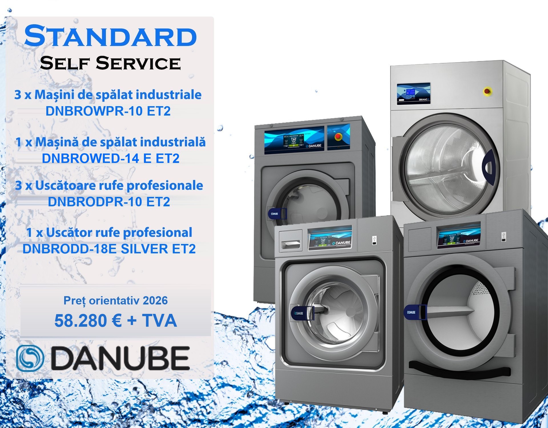 Pachet Standard Self-Service Danube: 3 mașini de spălat DNBROWPR-10 ET2, 1 DNBROWED-14 E ET2, 3 uscătoare DNBRODPR-10 ET2, 1 DNBRODD-18E SILVER ET2; preț orientativ 2026: 58.280 € + TVA
