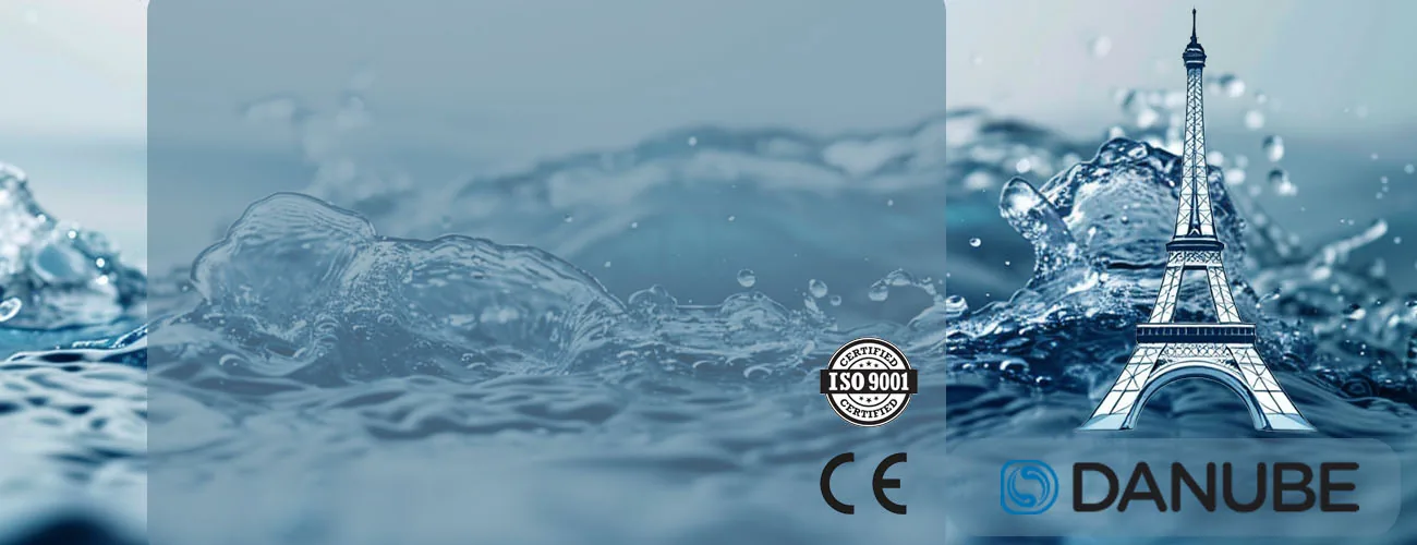 Banner Danube: Turnul Eiffel în stropi de apă, cu sigla ISO 9001, marcajul CE și logo Danube
